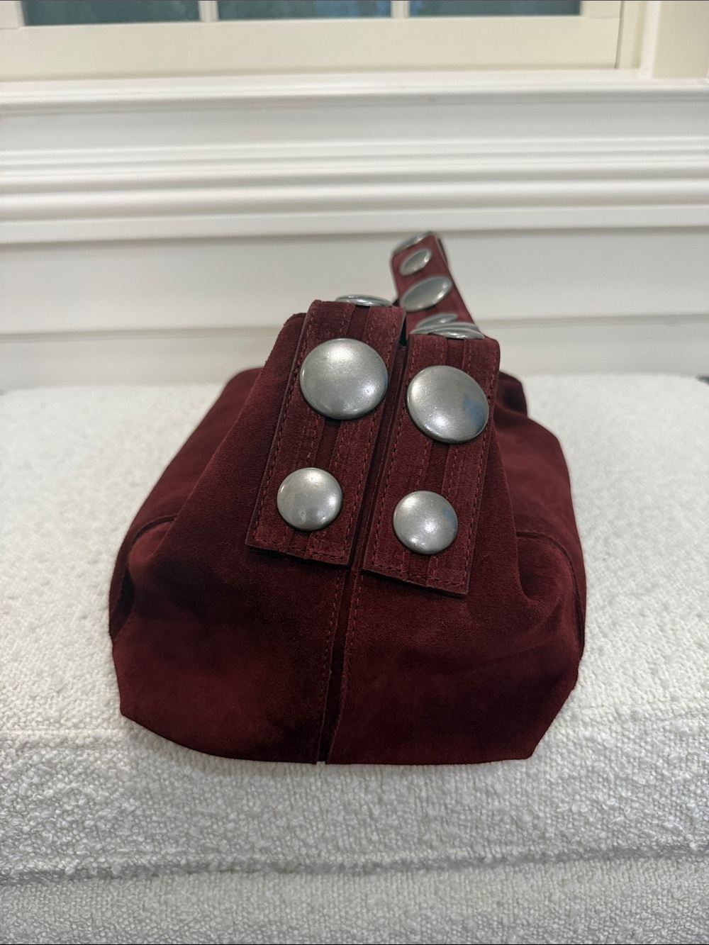 Zara Burgundy Suede Shoulder Bag with Silver Stud Strap - Picture 6 of 7
